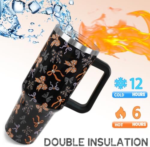 Halloween Tumbler with Handle 40oz Goth Skull Bow Candy Corn Spiderweb Coffee Travel Mug Stainless Steel Goth Insulated Cups Cute Halloween Decor Gifts - Image 3