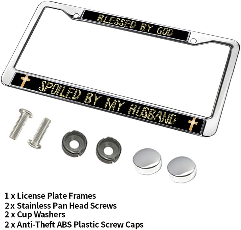 Blessed by God Spoiled by Husband License Plate Frame Christian Wife Quotes Stainless Steel License Plate Frame Cross and Fish Scratch-Resistant License Plate Frame with Screws Caps