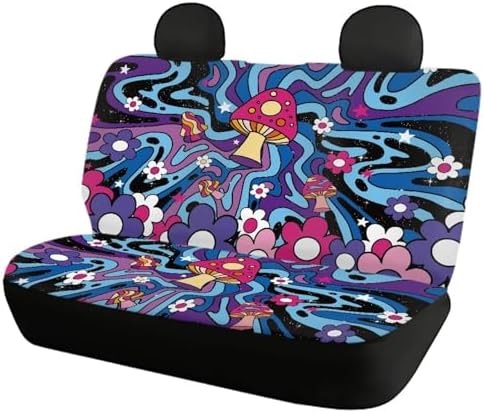 Trippy Mushroom Car Accessories Colorful Wavy Swirl Daisy Groovy Hippy Floral Print Car Front & Rear Seat Covers for Women 70s 80s Flower Aesthetic Auto Split Bench Protector Covers 4pcs