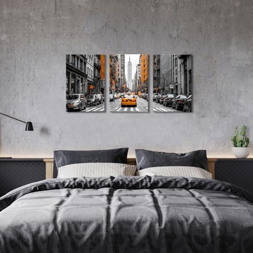 Black and White Canvas Wall Art Framed New York City Wall Decor for Living Room Orange Taxi Photo Print Nyc Urban Skyscraper Picture Car Photography Artwork Bedroom Office Home Decorations 16x24 3pcs - Image 3