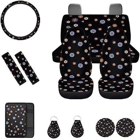 12 Pcs Flower Car Seat Covers for Women,Colorful Groovy Flowers Auto Steering Wheel Cover Protector,Hippie Floral Cup Coaster,Keychain,Shoulder Seatbelt Pad,Soft Armrest Pad Decor Accessories