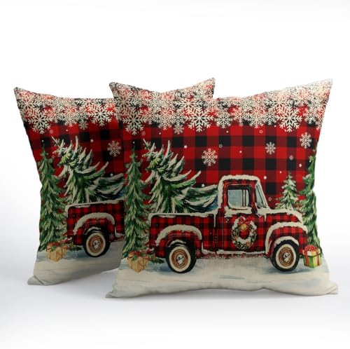Christmas Buffalo Plaid Truck Throw Pillow Covers 18x18 Set of 2 Snowflakes - Image 3