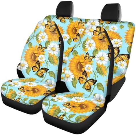 Sunflower Daisy Butterfly Car Seat Covers Full Set Front Rear Backrest Cover + Rear Bottom Bench Cover Vehicle Seat Protector Car Covers for Auto Cars Sedan SUV