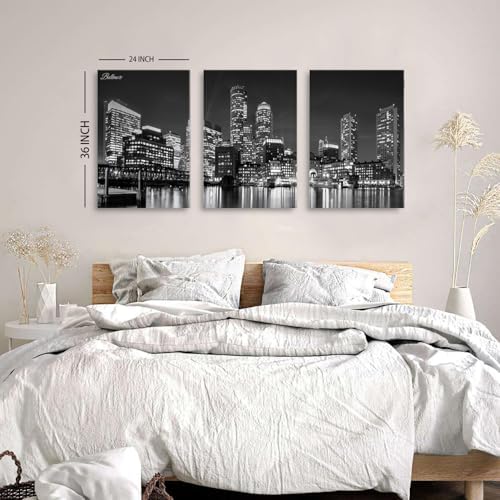 Baltimore Skyline Wall Art Black and White Night Maryland Skyscraper Pictures Prints Office Wall Decor USA Cityscape Canvas Painting Harbor City Panoramic Artwork for Bedroom Home Decoration 24x36" 3P - Image 3