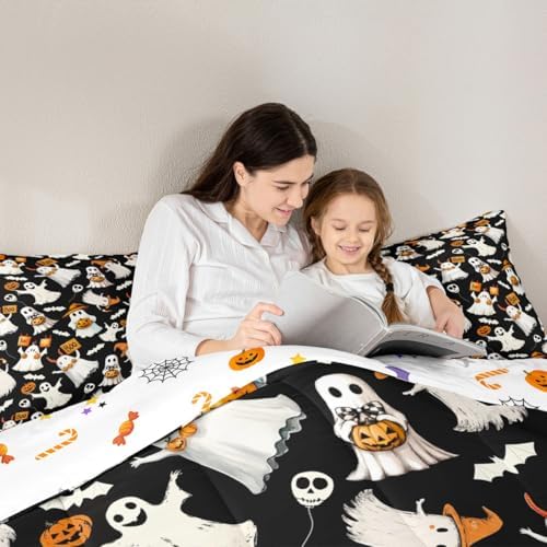 Happy Halloween Comforter Set Spooky Witch Hat Ghost Comforter King Size Gothic Pumpkin Bats Bedding Set for Kids Adult Bedroom Decor Fashion Black Quilt Duvet,3 Pcs with 2 Pillowcase - Image 3