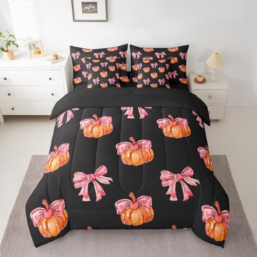 Erosebridal 7 Piece Girls Kawaii Fall Theme Bedding Set King Bowknot Pumpkin Kids Bed in A Bag Watercolor Thanksgiving Comforter Set 7 Piece Cute Fall Pumpkin Sheet Set with Comforter - Image 2