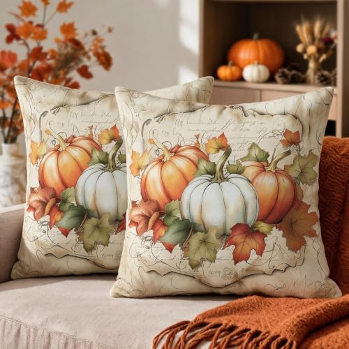 Fall Thanksgiving Pillow Covers 24x24 Set of 2, White Orange Pumpkin Maple Leaves Harvest Autumn Decorative Throw Pillow Cases Outdoor Vintage Rustic Farmhouse Decor for Sofa Couch Bed by Unknown