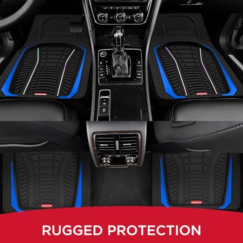 Rubbermaid Car Floor Mats Full Set – Premium All-Weather Car Mat with Brushed Aluminum Inserts, Universal Trim-to-Fit Design, Anti-Slip Backing for Cars, SUVs, Trucks, and Vans