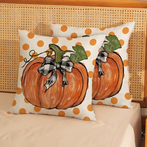 Fall Pillow Covers 18x18 Set of 2 Orange Pumpkin Leaf and Polka Dot Fall Decor Pillowcase Autumn Thanksgiving Decorative Outdoor Throw Pillow Covers Linen Farmhouse Cushion Case for Sofa Home - Image 2