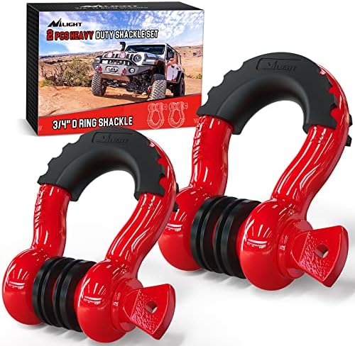 Nilight 2 Pack 3/4" D-Ring Shackle 4.75 Ton (9500 Lbs) Capacity with 7/8" Pin Heavy Duty Off Road Recovery Shackle with Isolators & Washer Kit for Jeep Truck Vehicle, Red (90053B)