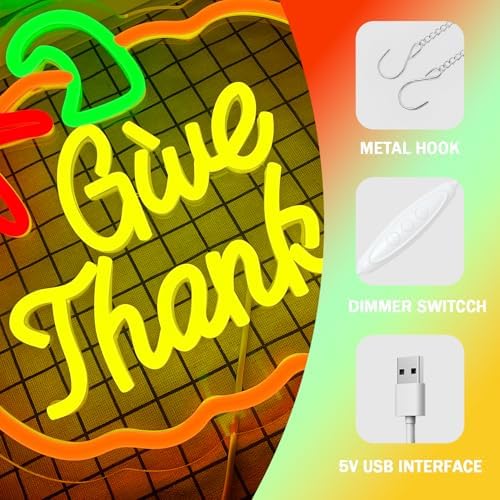 Thanksgiving Neon Sign Pumpkin Neon Signs Dimmable Fall Neon Sign for Wall USB Power Give Thanks Sign for Home Bar Salon Window Porch Front Door Thanksgiving Decorations - Image 4