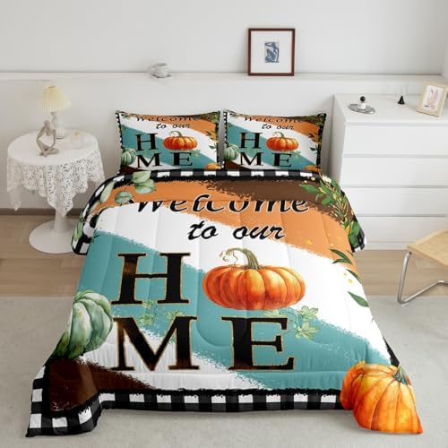 Homewish Fall Pumpkin Bedding Set Full Size Rustic Farm Botanical Comforter Set 3Pcs Kids Girls Women Boys Bedroom Decor Colorful Stripes Graffiti Quilt Set Black White Grid Duvet Insert,2 Pillowcase - Image 4