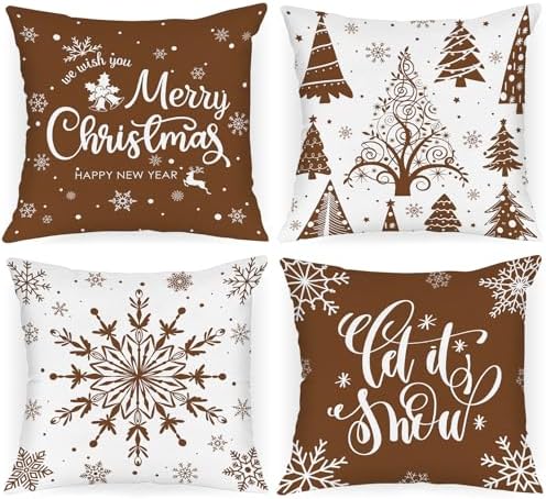 Lanpn Christmas Throw Pillow Covers 18x18 Set of 4, Merry Christmas Winter Xmas Snowflake Decorative Holiday Cushion Pillow Cases 18 x 18 for Outdoor Indoor Farmhouse Home Room Couch Decor (Brown) by Lanpn