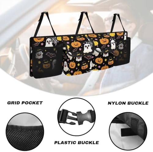Halloween Pumpkin Ghost Bat Print Car Trunk Organizer Car Backseat Storage Bag with 4 Pockets Hanging Trunk Cargo Storage Universal Auto Accessories for Sedans SUV Trucks Van