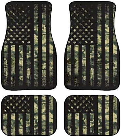 Camo Flag Car Floor Mats Carpet Set of 4 American Flag with Camouflage Grunge Style Floor Mats for Cars Universal Vehicle Front Rear Rugs Military Background Car Decor Accessories for Trucks