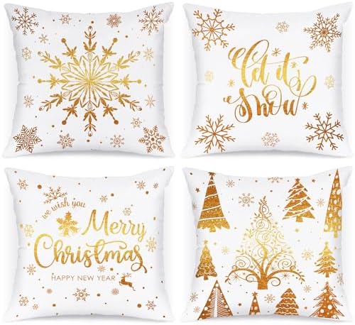 Lanpn White and Gold Bronzing Christmas Throw Pillow Covers 20x20 Set of 4, 20 inch Decorative Xmas Cushion Covers Pillow Cases 20 x 20 for Home Bedroom Room Holiday Couch Decor Decorations by Lanpn