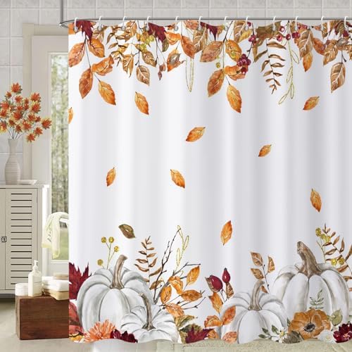 Fall Pumpkin Shower Curtain, Watercolor Autumn Pumpkins with Gold Branches Falling Leaves Harvest Bathroom Curtain Waterproof Fabric Machine Washable with Hooks, 72" Wx72 L by Caheansi