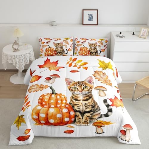 Erosebridal Pumpkin Comforter Cat Fall Decor Bedding Cartoon Cat Bedding Comforter Sets, Autumn Harvest Theme Duvet Insert Thanksgiving Gifts Down Comforter for Girls Boys Bedroom Collection, Queen - Image 2