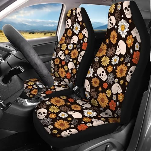 Vintage Abstract Flowers Car Seat Covers Sunflower Trippy Hippy Floral Car Accessories Set of 4 with Daisy Groovy Front and Rear Seat Covers Halloween Skeleton Skull Auto Bench Protector