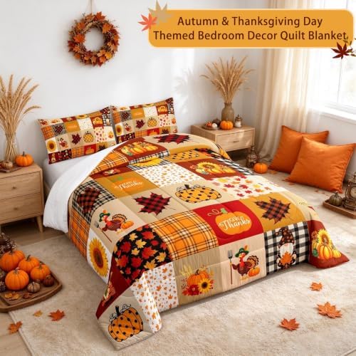 Homewish 3pcs Fall Pumpkin Comforter Set Full Size with Pillow Case Quilt - Image 2