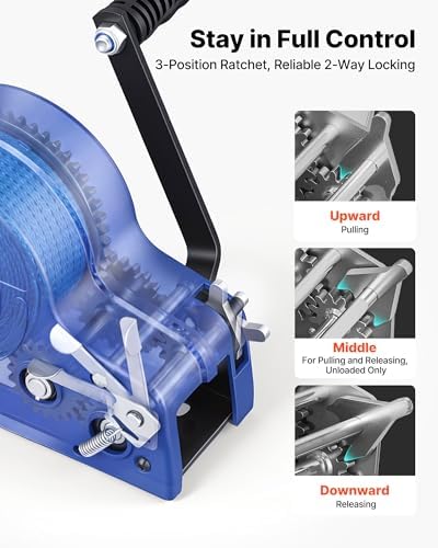 VEVOR Boat Winch, 3500 lbs Hand Winch, Heavy Duty Manual Rope Crank with 20ft Gray-Black Polyester Strap, Portable Two-Way Ratchet, Anti-Slip Handle Gear for Boat Trailer ATV Towing - Image 4