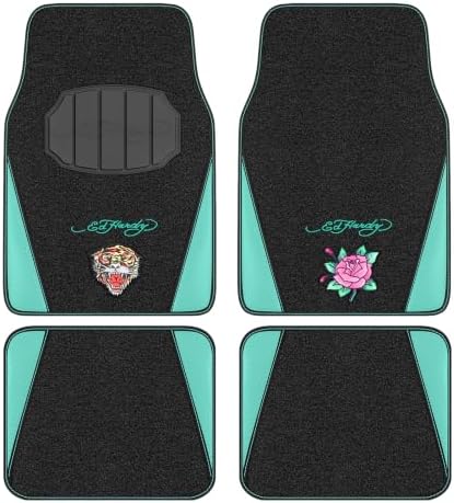ED HARDY Tiger Print Car Floor Mats, Carpet Floor Mats with Green Leather Design, Automotive Car Mats with Built-in Heel Pad & Anti-Slip Backing, Fits Most Cars, SUVs & Trucks, Durable & Odorless