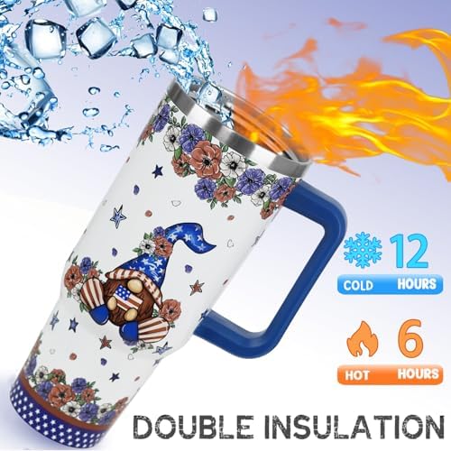4th of July Tumbler with Handle 40 oz Gnomes Stars Flags Coffee Travel Mug Stainless Steel Poppy Flower Insulated Cups Independence Day Memorial Day Decor Gifts - Image 3