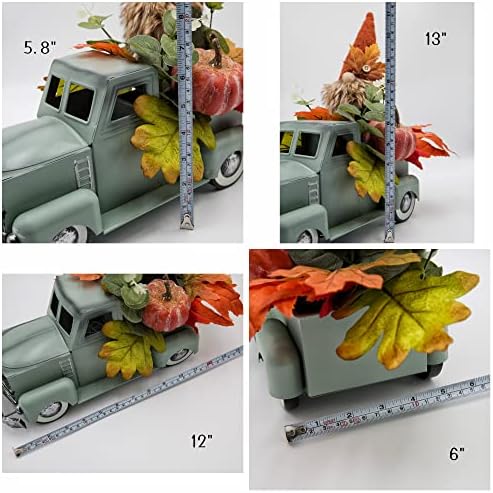 Vintage Turquoise Metal Truck with Gnomes Pumpkin Maple Leaf Farmhouse Table Top Fall Decor, Autumn Themed Thanksgiving Old Pickup Truck Decorations for Home Table Shelf, 12 inch - Image 3