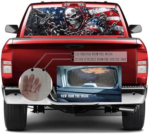 American Style Skulls Truck Rear Window Graphic Decals, Watercolor Flag Horror Skeleton Pickup Car Window Stickers Truck Back Window Film Decal for Trucks SUV 66 x 22 inch