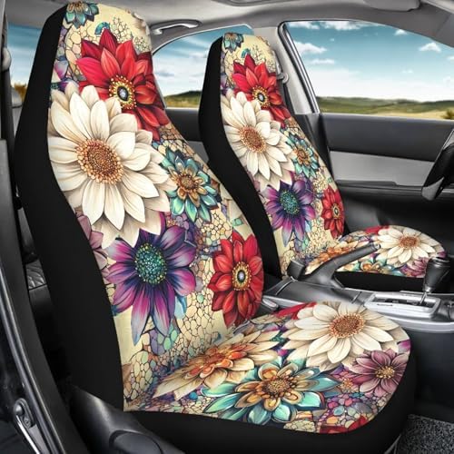 BIGCARJOB Blossom Lotus Car Seat Covers Set for Front Only Boho Lotus Print Car Interior Accessories Cute Seat Protector for Cars Saddle Blanket,Fit Most Vehicle,Cars,Sedan