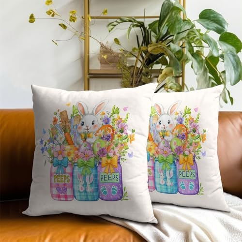 Sweetshow Easter Bunny Carrots Throw Pillow Covers 22X22 Inches Set of 2 Spring Colorful Flowers Mason Jar Pillowcase Soft Cotton Square Seasonal Cushion Covers for Living Room Sofa Bedroom Decor - Image 7