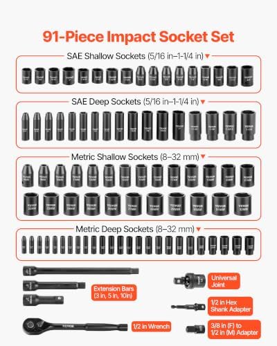 VEVOR 91-Piece 1/2" Drive Impact Socket Set, Deep & Shallow Kit - Image 3