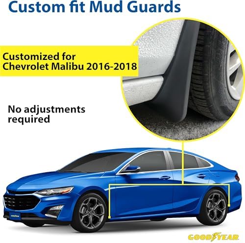 Goodyear Mud Flaps for Chevrolet (Chevy) Malibu 2016-2018, Pair, Heavy-Duty Thermoplastic, Custom Fit, Easy to Install, Road/Weather Durability, Car Accessories - GY004709
