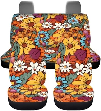Abstract Hippy 60s 70s Groovy Floral Print Car Accessories Car Seat Covers for Women Girls Front Rear Seat Covers Universal Fits for Most Truck Sedan SUV Van Auto Interior Decoration,4pcs