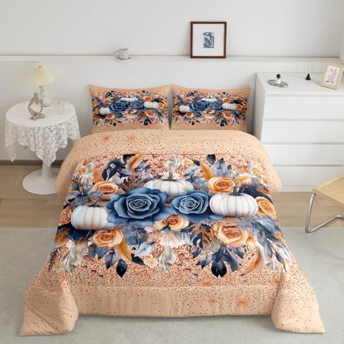 Homewish Fall Pumpkin Comforter Set Full Size Vintage Flower Leaves Bedding Set Colorful Boho Glitter Quilt Set Kids Girls Woman Adult Room Decor Rustic Farmhouse Botanical Duvet Insert,Orange 3Pcs by Homewish