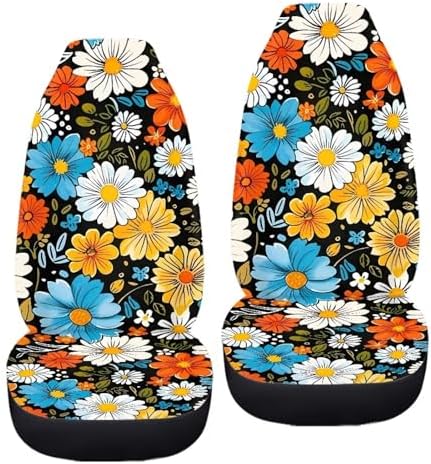 BIGCARJOB Hippie Daisy Car Seat Cover Set for Front Seat Only,2 Pack Blossom Flower Printed Auto Front Seat Protector Saddle Blanket for Women Girly Car Interior Accessories