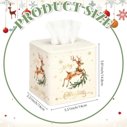 Thyle 2 Pcs Christmas Square Tissue Box Cover PU Leather Christmas Tree Reindeer Tissue Box Holder Closure Xmas Decorations Cube Napkin Holder for Kitchen Car Home Office Living Room Bedroom - Image 2