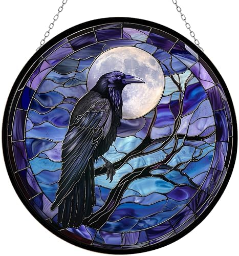 Moon Crow Stained Glass Suncatcher Window Hanging, Gothic Christmas Ornaments for Fiction Lovers, Dinosaur Room Decor for Nursery New Home Gifts by 365CUSGIFTS