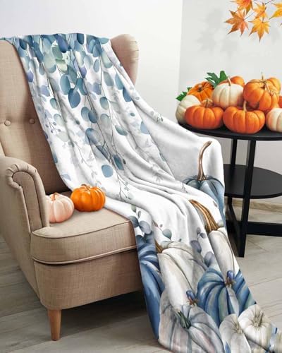 DecorLovee Blue Grey Fall Blanket 40"x60", Reversible Eucalyptus Leaves Throw Blanket for Couch/Bed, Thanksgiving Pumpkins Lightweight Soft Throw Blanket for Boys, Warm Fuzzy Blankets for Winter - Image 3