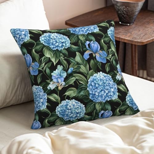 KiuLoam Black and Blue Hydrangea Pillow Covers 16x16 Set of 2, Summer Hydrangea Flower with Green Leaves Print Decorative Throw Pillow Cases, Farmhouse Style Outdoor Cushion Covers for Sofa Couch - Image 2