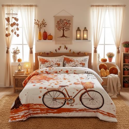 Homewish Fall Maple Leaves Comforter Set Twin Size,Vintage Bicycle Bedding 2pcs for Kids Teens Adults Room Decor,Rustic Farmhouse Style Quilt Nature Orange Plant Duvet Insert,1 Pillowcase Fall05 - Image 3