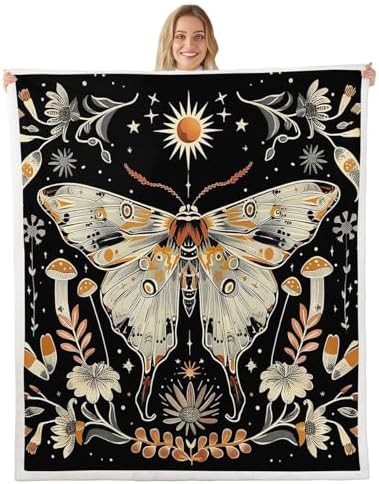 Butterfly Moth Throw Blanket Boho Floral Mushrooms Fleece Flannel Blankets Kids Boys Girls Room Decor Galaxy Starry Bed Blankets for Bed Sofa Couch Black Light Yellow Plush Blanket 40"x50" by CastleFairy