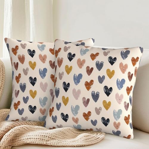 KiuLoam Boho Pillow Covers 24x24 Inch Set of 2 Rustic Blue Yellow Orange Love Heart Print Decorative Throw Pillows Outdoor Vintage Valentine Themed Cushion Cases for Sofa Couch Bed Decor - Image 2