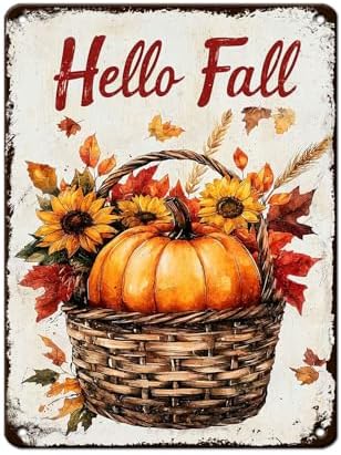 Thanksgiving Day Pumpkin Retro Tin Sign Hello Fall Metal Wall Decor for Living Room Bedroom Kitchen Office Front Porch 12x16Inch by Unknown
