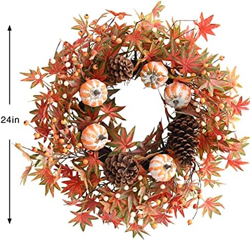 Fall Wreath for Front Door Artificial Autumn Grapevine Wreath with Berry Branches Farmhous Maple Leaves Wreath with Pine Cones and Mini Pumpkins for Indoor/Outdoor/Thanksgiving/Halloween/Home - Image 2