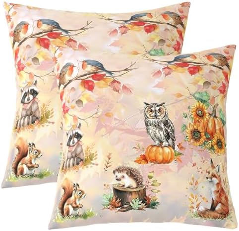 Autumn Animal Double Sides Print Pillow Covers,Cute Owl Fox Squirrel Natural Wild Animal Pillowcase 2 Pack Cushion Case 24"x 24",Fall Maple Leaves Pumpkin Botanical Throw Pillow Covers by Manfei
