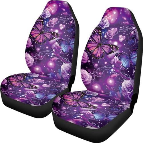 Purple Rose Butterfly Print Car Seat Covers 2pcs Auto Accessories Protectors Car Decor Universal Fit for Car Truck SUV