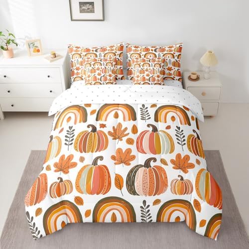 Erosebridal Kids Cartoon Pumpkin Queen Comforter Set 7 Piece Size,Boho Rainbow Bedding Set with Sheet Set for Boys Girls,Fall Maple Leaves Bed in A Bag Autumn Thanksgiving Day Bed Set - Image 2