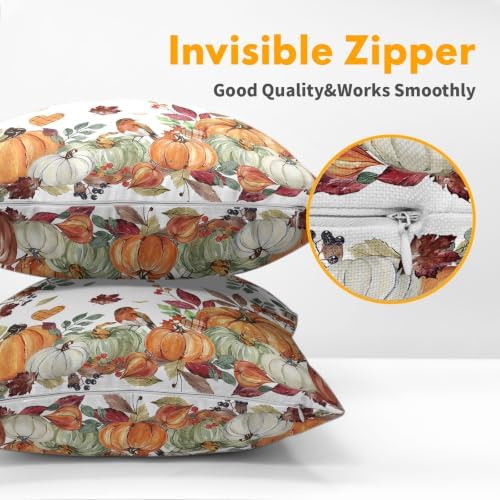 Fall Pumpkin Pillow Covers 18x18 Set of 2 Autumn Caramel Maple Leaves Bird Floral Outdoor Throw Pillows Covers Thanksgiving Harvest Decorative Farmhouse Cushion Case for Living Room Couch Sofa - Image 5