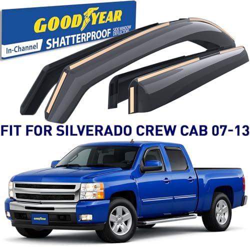 Goodyear Shatterproof in-Channel Window Deflectors for Trucks Chevrolet (Chevy) Silverado/GMC Sierra 2007-2013 Crew Cab, Rain Guards, Window Visors, Vent Deflector, Truck Accessories, 4 pcs- GY003400